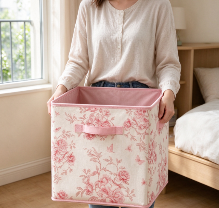 Floral-Print Fabric Storage Basket/Bag (Pink-Toned) - Image 2