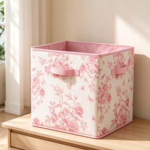 Floral-Print Fabric Storage Basket/Bag (Pink-Toned)