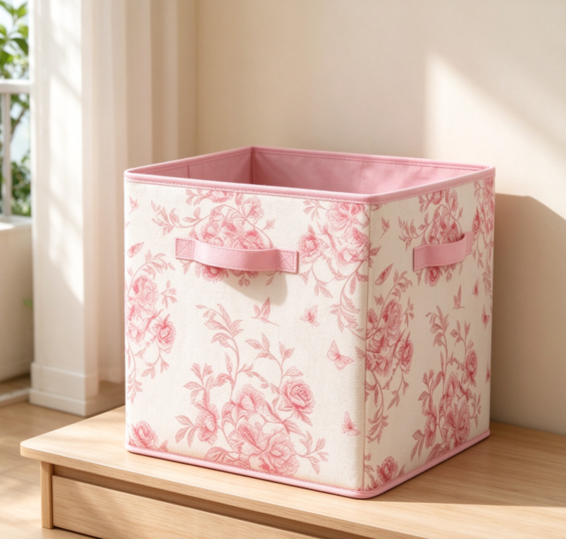 Floral-Print Fabric Storage Basket/Bag (Pink-Toned)