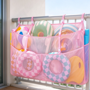 Pink Multi-Layer Mesh Hanging Storage Organizer – For Balcony Items and Pool Gear