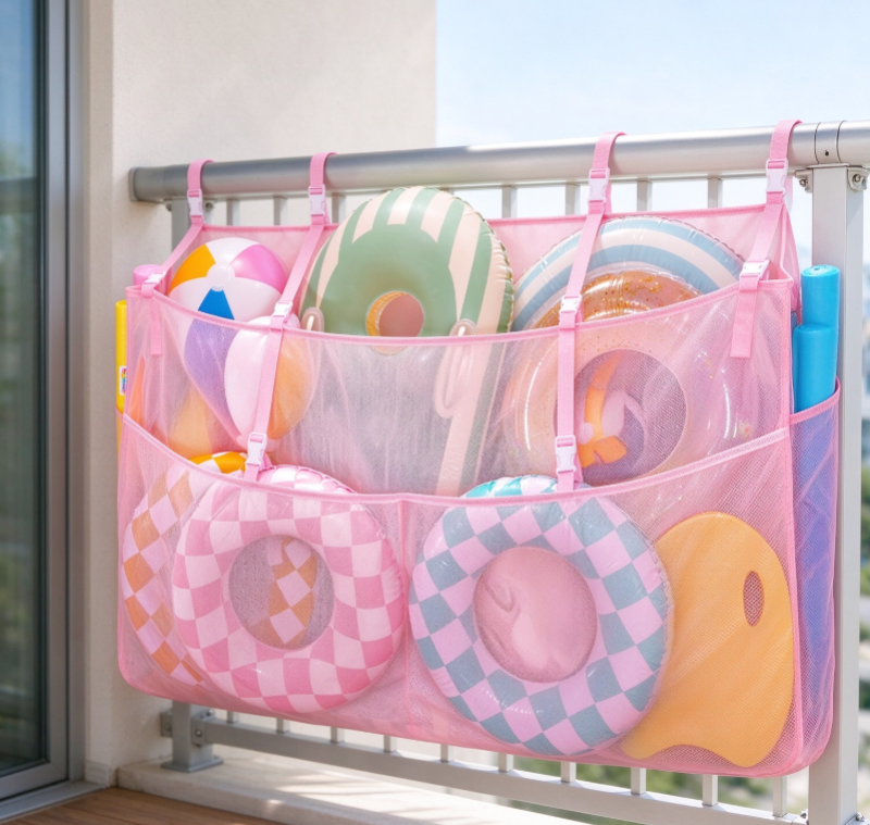 Pink Multi-Layer Mesh Hanging Storage Organizer – For Balcony Items and Pool Gear