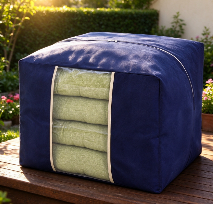 Navy Blue Square Storage Bag with Viewing Window – Heavy-Duty Fabric Organizer for Outdoor Cushions and Pillows - Image 2
