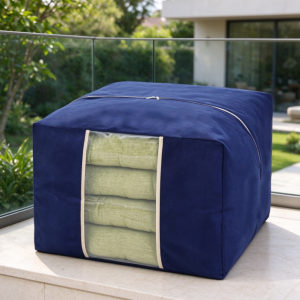 Navy Blue Square Storage Bag with Viewing Window – Heavy-Duty Fabric Organizer for Outdoor Cushions and Pillows