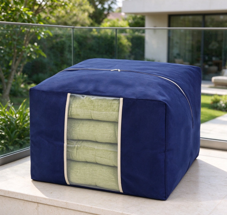 Navy Blue Square Storage Bag with Viewing Window – Heavy-Duty Fabric Organizer for Outdoor Cushions and Pillows