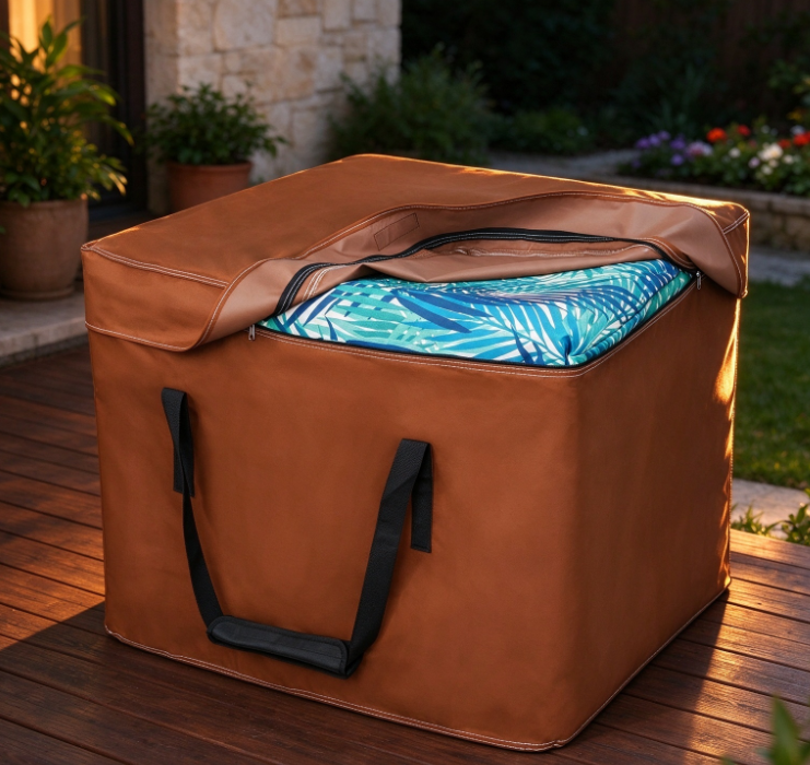Brown Square Outdoor Cushion Storage Bag – Thickened, Waterproof Fabric Organizer - Image 2