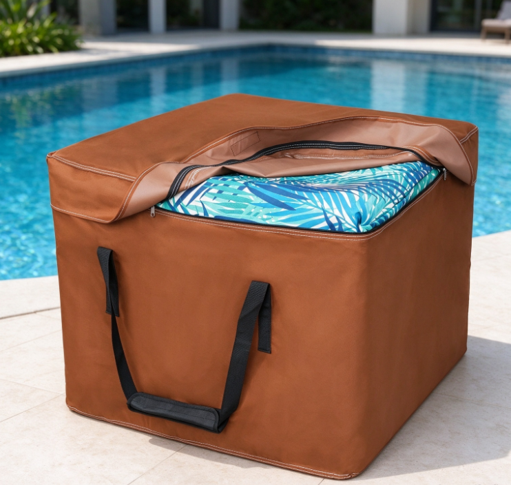 Brown Square Outdoor Cushion Storage Bag – Thickened, Waterproof Fabric Organizer