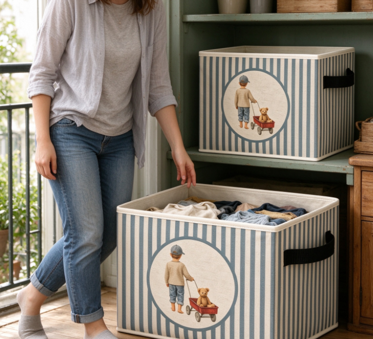 Blue-and-White Striped Fabric Folding Storage Basket – For Balcony Sundries and Toys - Image 2