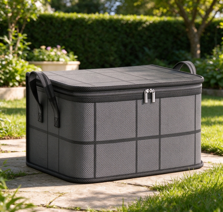 Gray Plaid Fabric Storage Box for Cushions and Pillows – With Handles and Zipper - Image 2