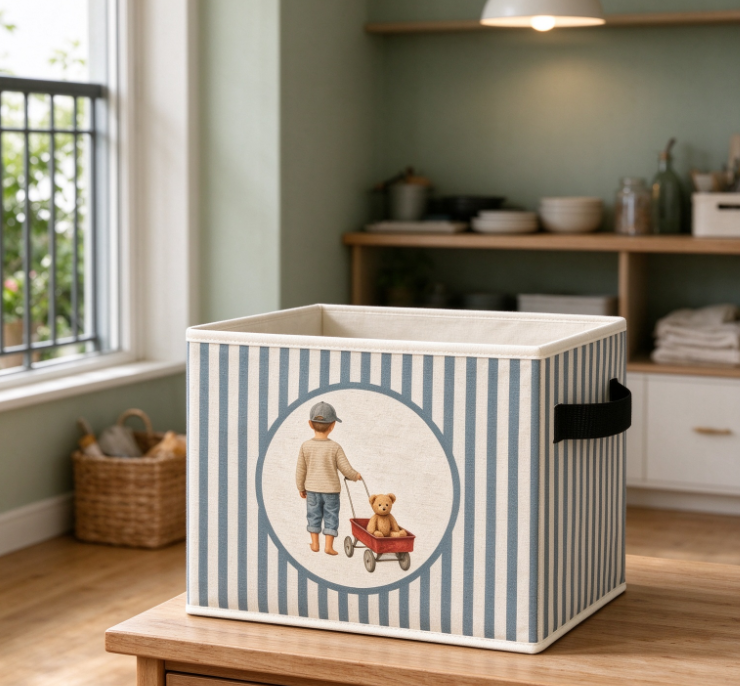 Blue-and-White Striped Fabric Folding Storage Basket – For Balcony Sundries and Toys