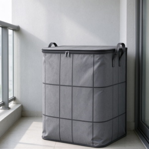 Dark Gray Plaid Zippered Storage Bag – Large-Capacity Balcony Organizer