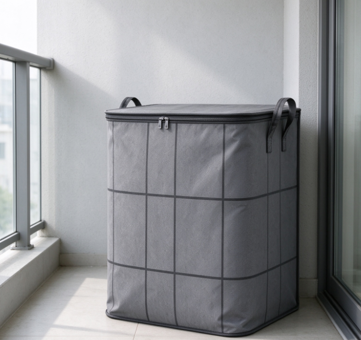 Dark Gray Plaid Zippered Storage Bag – Large-Capacity Balcony Organizer