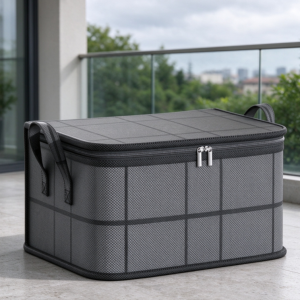 Gray Plaid Fabric Storage Box for Cushions and Pillows – With Handles and Zipper