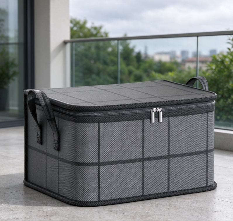 Gray Plaid Fabric Storage Box for Cushions and Pillows – With Handles and Zipper