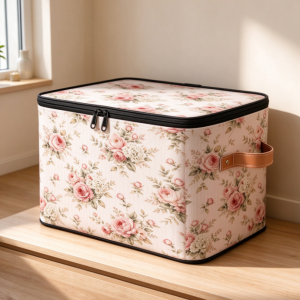 Storage Box with Lid – Vintage Rose Print (Fabric Organizer for Balcony Sundries)