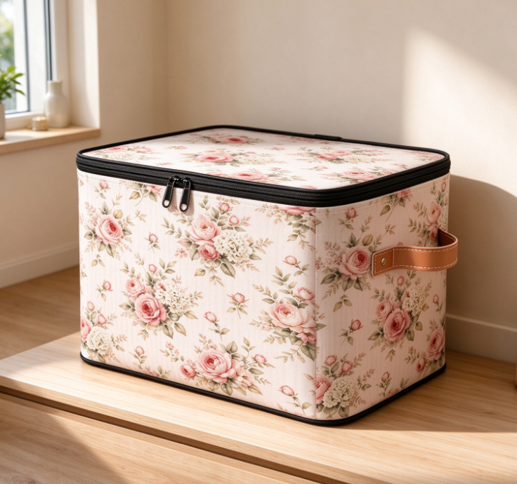 Storage Box with Lid – Vintage Rose Print (Fabric Organizer for Balcony Sundries)