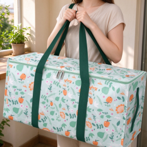 Light Green Fruit-Print Fabric Storage Bag – Portable Organizer for Balcony Sundries