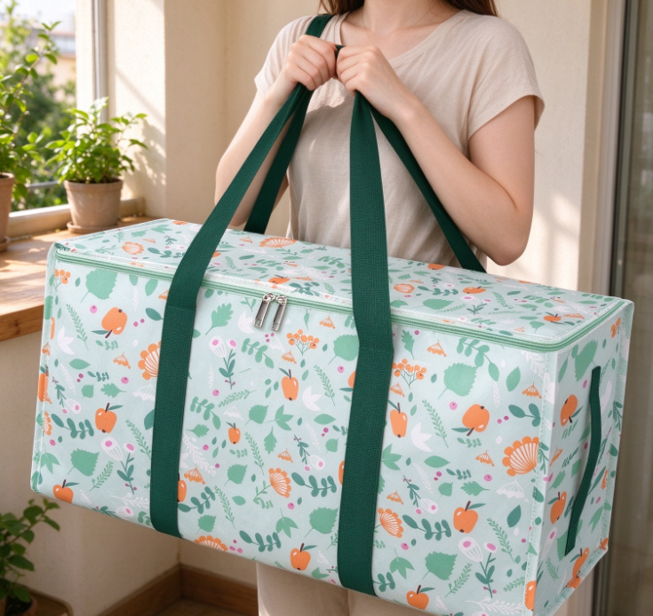 Light Green Fruit-Print Fabric Storage Bag – Portable Organizer for Balcony Sundries