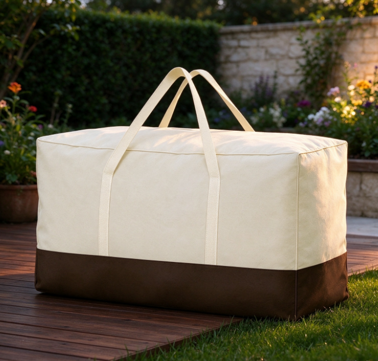 Beige & Brown Color-Block Long Cushion Storage Bag – Waterproof Canvas Outdoor Pillow Organizer - Image 2