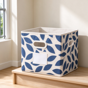 Open-Top Fabric Storage Bin with Blue Leaf Print – For Organizing Balcony Sundries