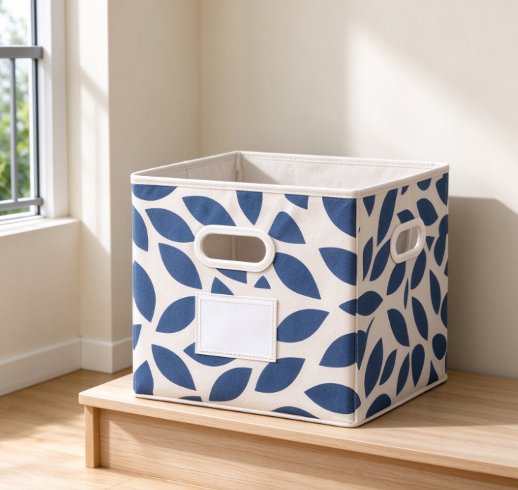 Open-Top Fabric Storage Bin with Blue Leaf Print – For Organizing Balcony Sundries