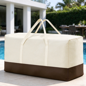Beige & Brown Color-Block Long Cushion Storage Bag – Waterproof Canvas Outdoor Pillow Organizer