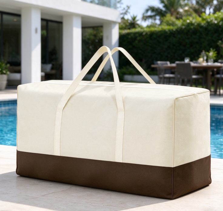Beige & Brown Color-Block Long Cushion Storage Bag – Waterproof Canvas Outdoor Pillow Organizer