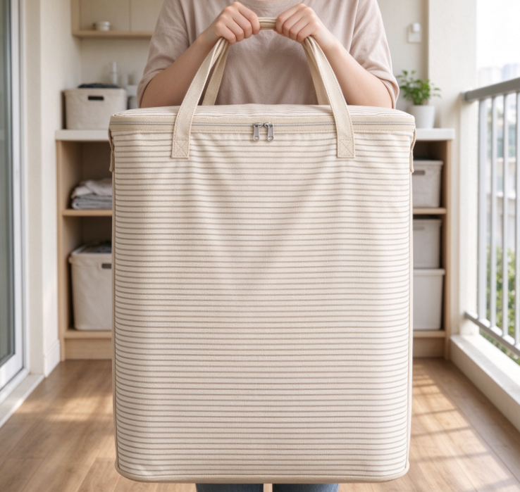 Off-White Fine-Striped Fabric Storage Bag with Lid – Large-Capacity Balcony Organizer - Image 2