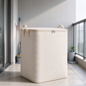 Off-White Fine-Striped Fabric Storage Bag with Lid – Large-Capacity Balcony Organizer