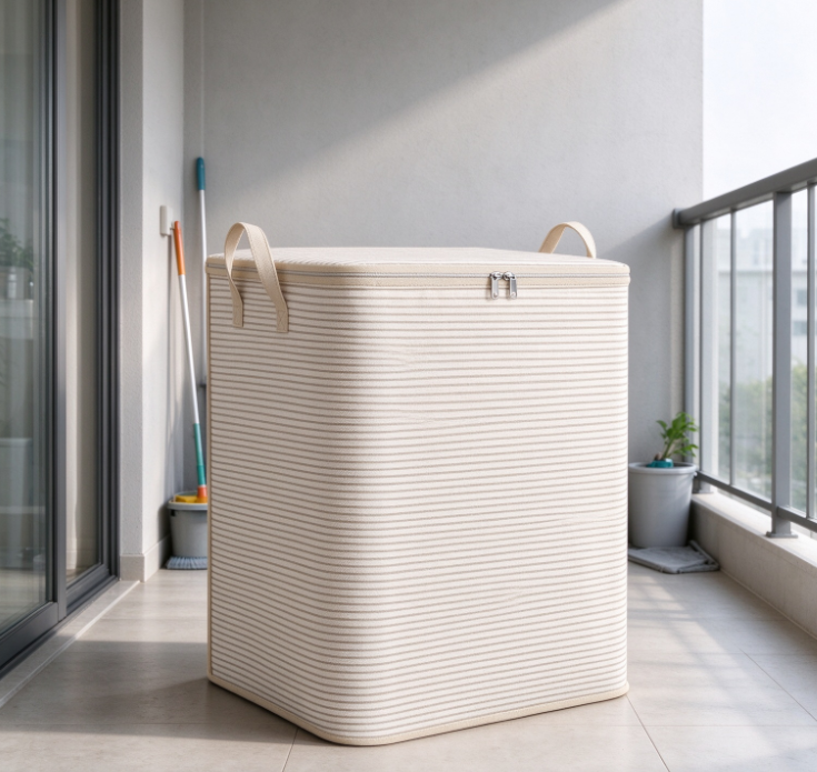 Off-White Fine-Striped Fabric Storage Bag with Lid – Large-Capacity Balcony Organizer