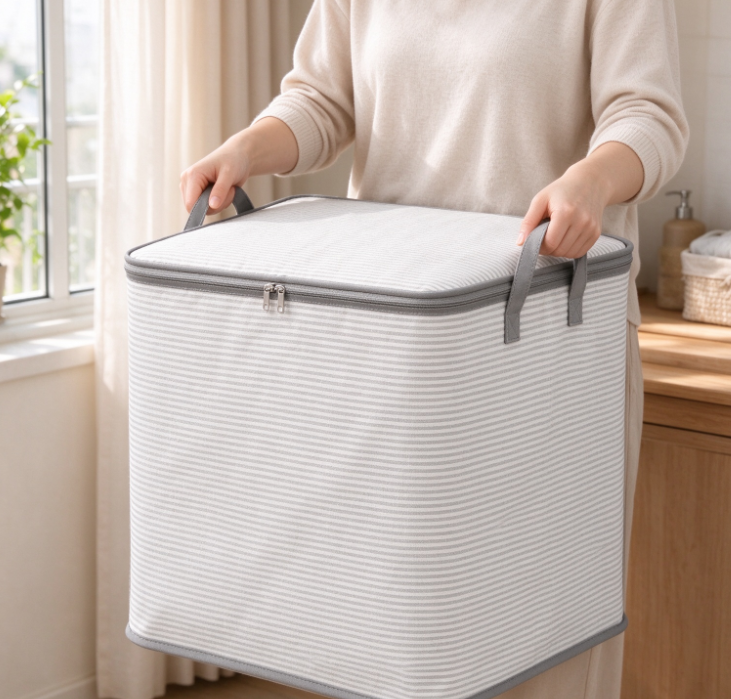Gray-and-White Striped Zippered Storage Bag – Moisture-Resistant Organizer for Balcony Sundries - Image 2