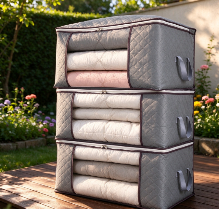 Gray Quilted Storage Bag for Cushions and Pillows – Stackable, Transparent Design - Image 2