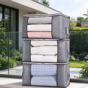 Gray Quilted Storage Bag for Cushions and Pillows – Stackable, Transparent Design