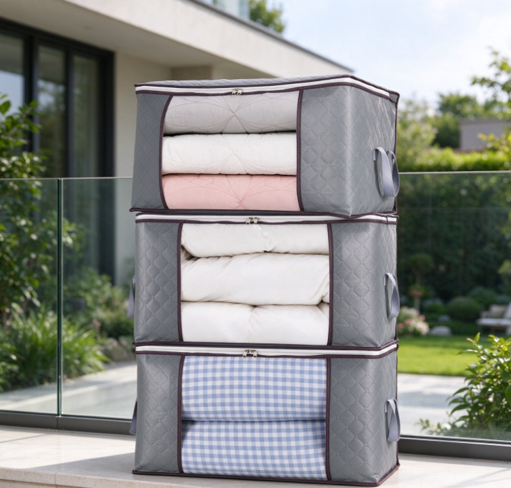 Gray Quilted Storage Bag for Cushions and Pillows – Stackable, Transparent Design