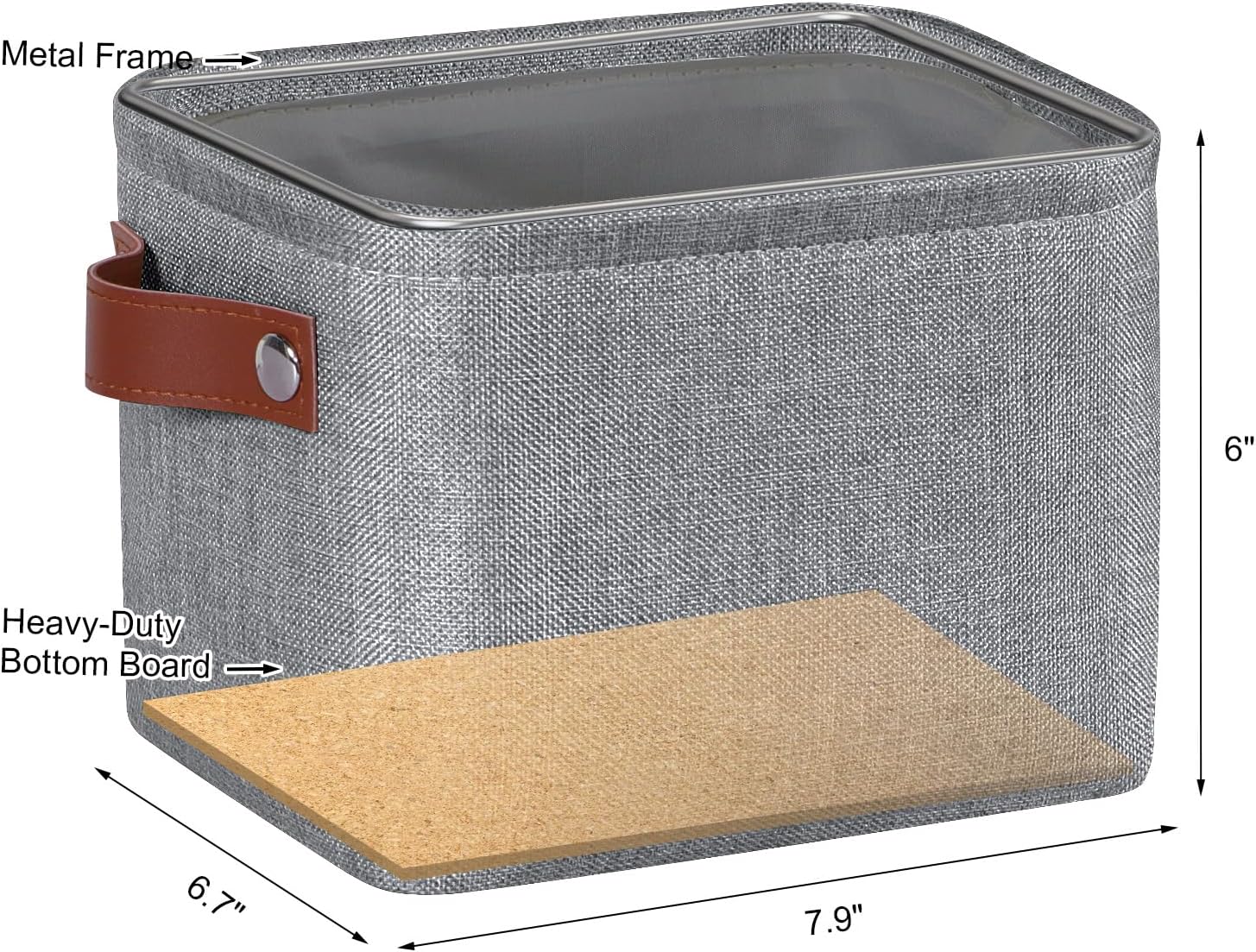 Grey Faux-Linen Storage Basket/Bag with Leather Handles - Image 2