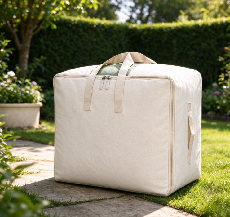 Off-White Canvas Cushion Storage Bag – Large-Capacity Outdoor Pillow Organizer (with Dual Handles) - Image 2