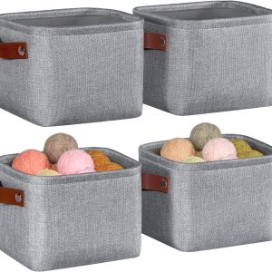 Grey Faux-Linen Storage Basket/Bag with Leather Handles