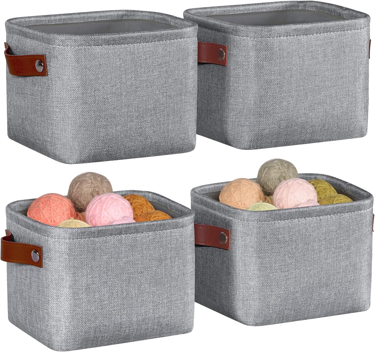 Grey Faux-Linen Storage Basket/Bag with Leather Handles